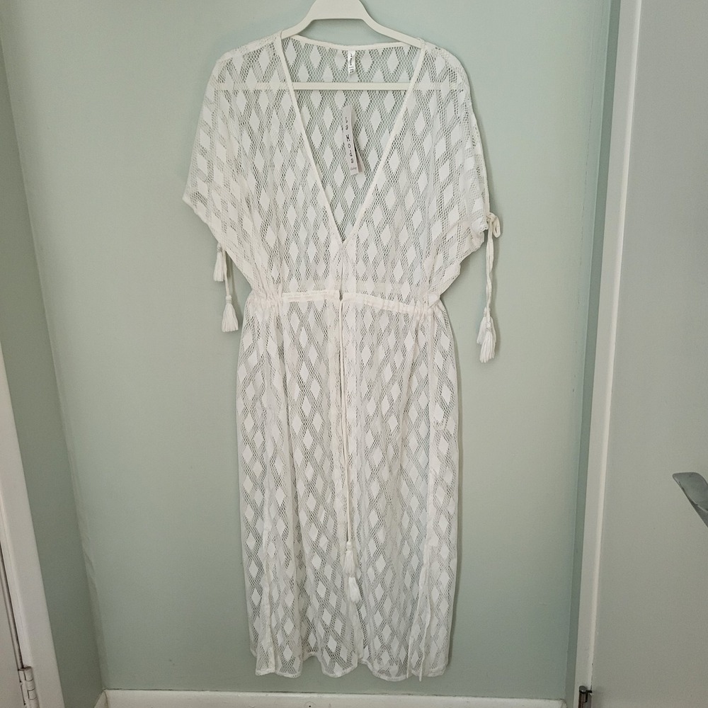 Women Beach Swimsuit Cover Up White Long Adjustable Waist One Size Lace Boho